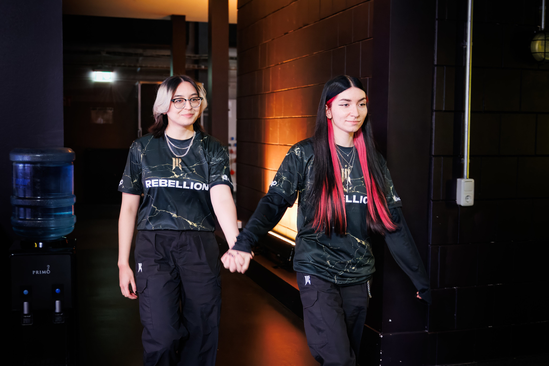 meL (L) and alexis of Shopify Rebellion are seen back stage at the 2024 VALORANT Game Changers Championship